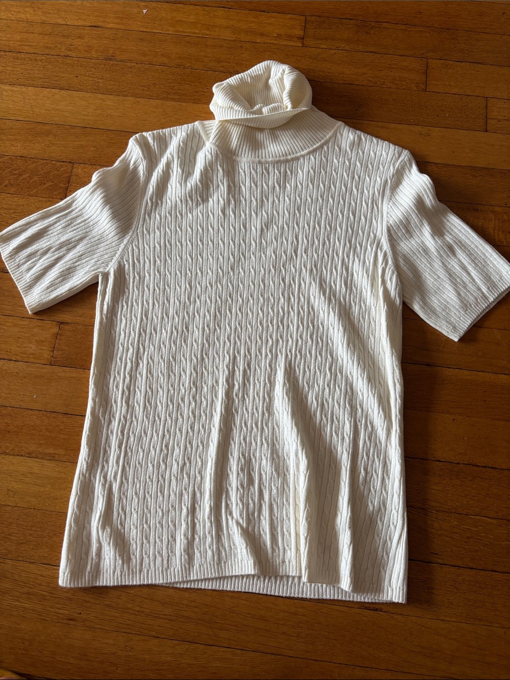 Cream Cable-Knit Short Sleeve Turtleneck Sweater
